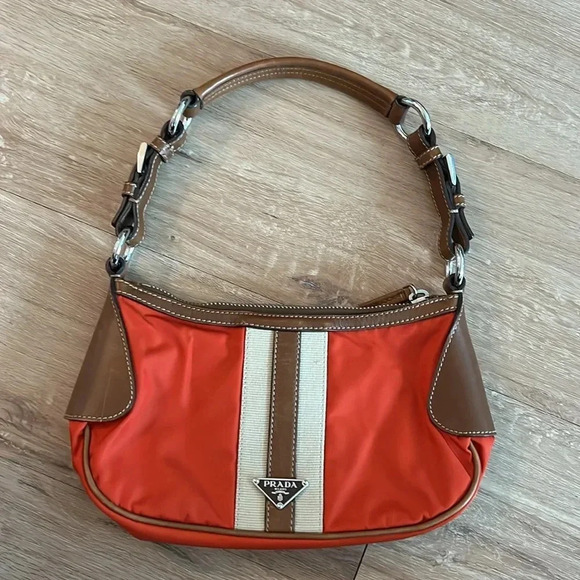 Prada Tessuto Nylon Striped Shoulder Bag - Orange/Brown - Picture 3 of 11